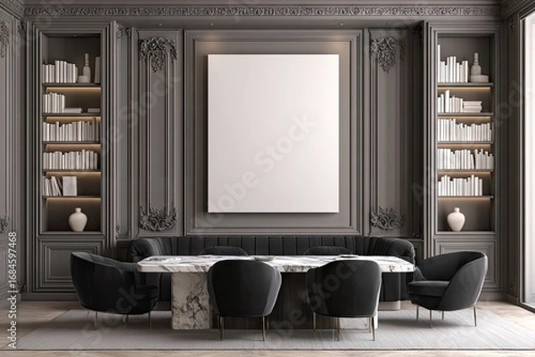 Fototapeta Elegant dark gray dining room with built-in bookcases.