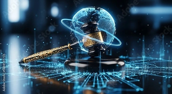 Fototapeta Global law concept featuring a gavel with a digital world visualization for international legal matters