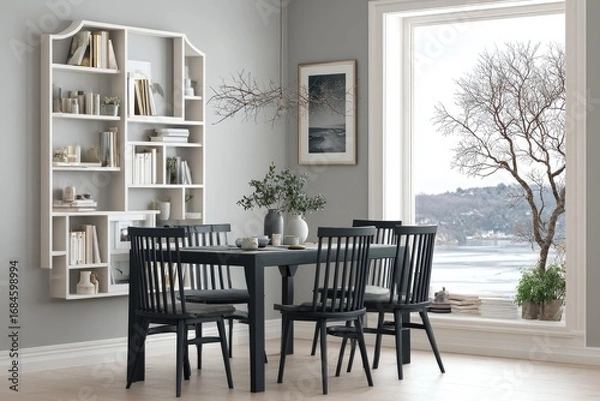 Fototapeta Dining area with a built-in bookcase and large window.
