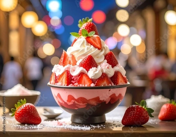Fototapeta A large, vibrant dessert bowl, overflowing with layers of strawberry, whipped cream, and sweet toppings, is presented against a softly blurred background of glowing lights.