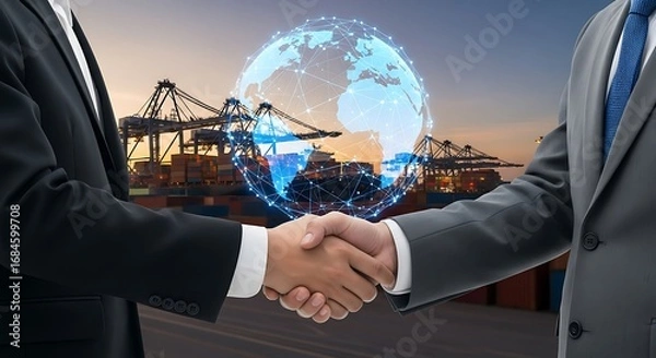 Fototapeta Global business partners shaking hands on international trade deal near shipping port at sunset
