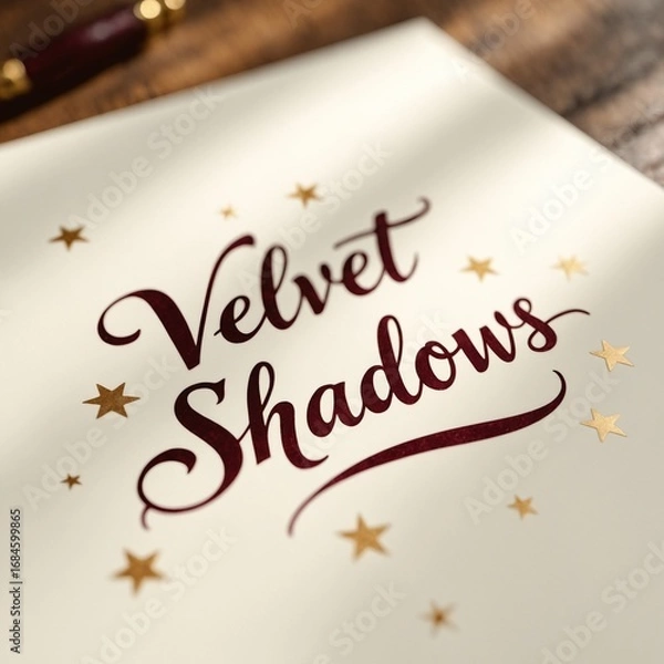 Fototapeta Velvet Shadows – smooth calligraphy in deep burgundy with metallic gold stars textures
