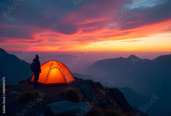 Obraz a lone traveler stands beside a glowing tent, watching the horizon. The sky is painted in deep orange, purple, and blue, while mist rolls over the mountain ridges below