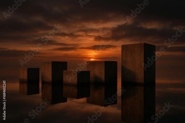 Fototapeta Concrete Blocks Reflected in Calm Water — Moody Sunset Artistic Composition