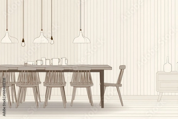 Fototapeta Dining room scene with long table and chairs.