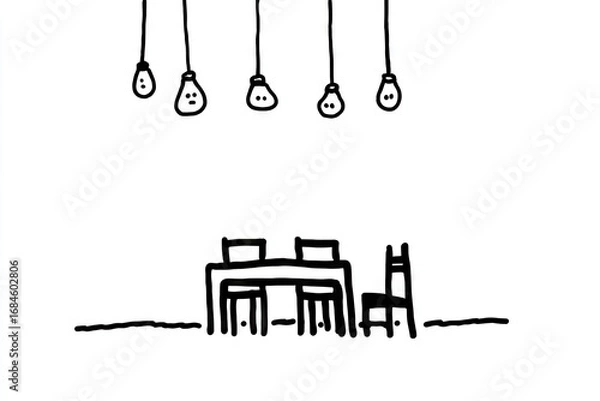 Fototapeta Simple drawing of a room with a table and chairs and hanging light bulbs.