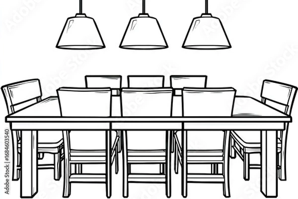 Fototapeta Simple line drawing of a dining table and chairs.