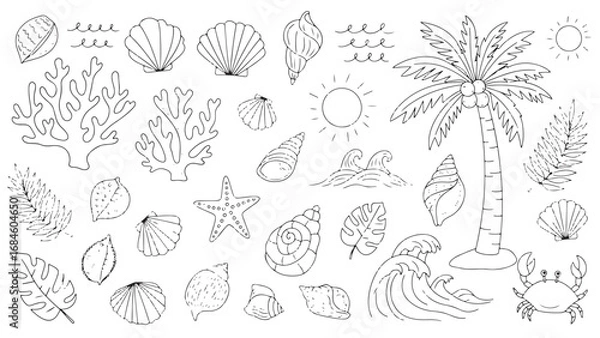 Fototapeta Cute smiling sea animals doodle illustrations set for children. Vector nautical colorless drawings for coloring book