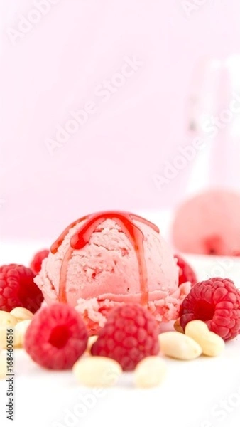 Fototapeta Pink ice cream scoop drizzled with raspberry syrup, surrounded by raspberries and peanuts