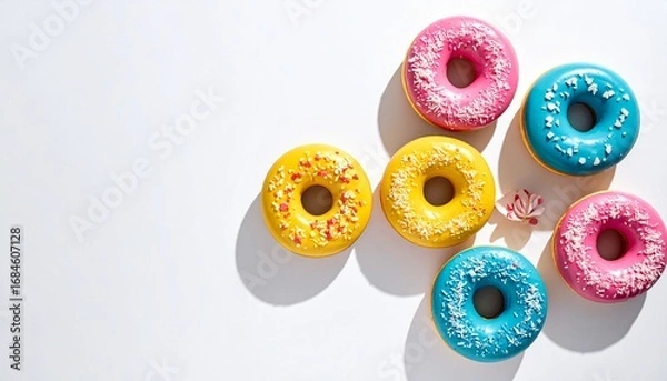 Fototapeta A vibrant assortment of colorful frosted donuts, including pink, yellow, and blue, arranged on a clean white surface with soft shadows.