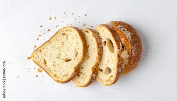 Fototapeta Sliced artisanal sourdough bread with a golden crust and airy crumb, presented on a clean white background.