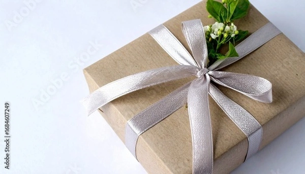 Fototapeta A beautifully wrapped gift box adorned with a delicate silver ribbon and sprig of white flowers.