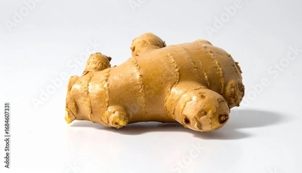 Fototapeta A whole, raw ginger root with its distinctive knobby texture and earthy brown skin, isolated on a clean white background.
