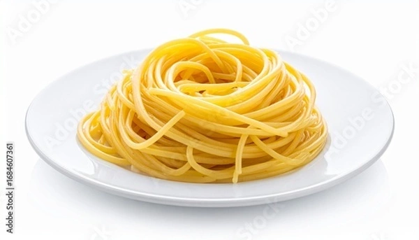 Fototapeta A pile of uncooked spaghetti on a white plate, isolated against a white background.