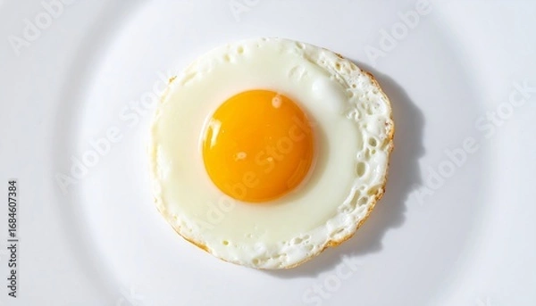 Fototapeta An overhead view of a single, perfectly cooked sunny-side up fried egg with a vibrant yellow yolk on a white plate.
