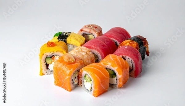Fototapeta Assortment of colorful sushi rolls arranged on a white background, showcasing various fillings and textures.