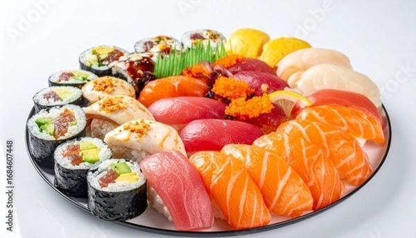 Fototapeta A large platter of assorted sushi, including nigiri and maki, artfully arranged for a feast.