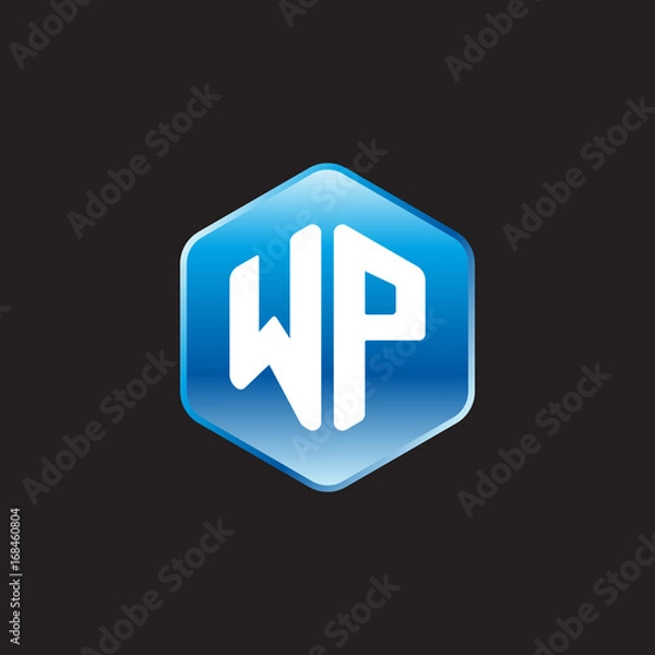 Fototapeta Initial letter WP, modern glossy hexagon logo, gradient blue color on black background	
 
