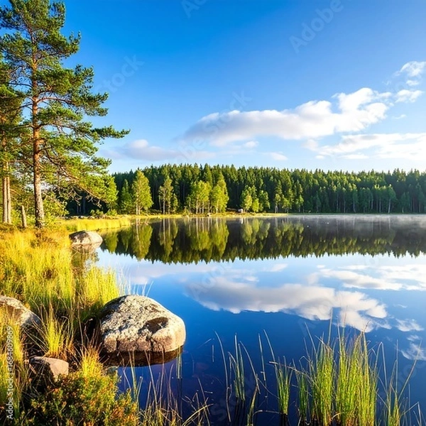 Fototapeta Serene lake nestled amidst a vibrant forest, showcasing a mirrored sky and tranquil morning light.