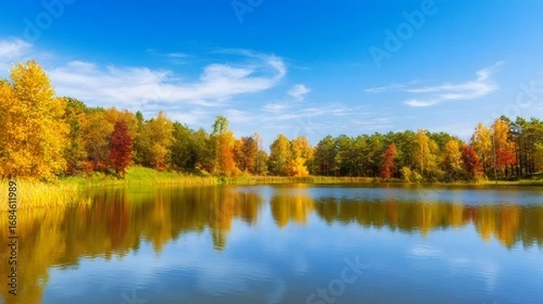 Fototapeta Autumn reflection scene serene lake nature photography vibrant environment tranquil viewpoint