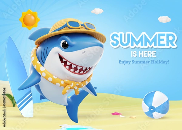 Fototapeta Hello Summer background with 3D cartoon shark with surfboard on the beach