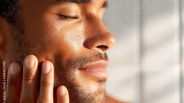 Fototapeta Young man applying face cream with glowing clear skin routine.