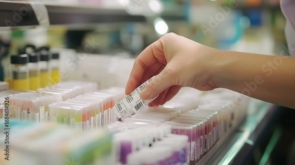 Fototapeta Close-up of hands labeling test tubes with barcoded stickers, laboratory workflow