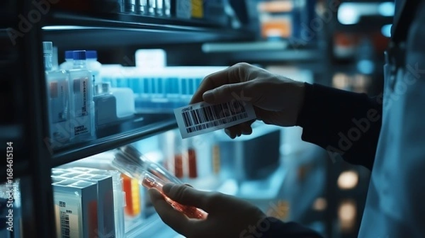 Fototapeta Close-up of hands labeling test tubes with barcoded stickers, laboratory workflow