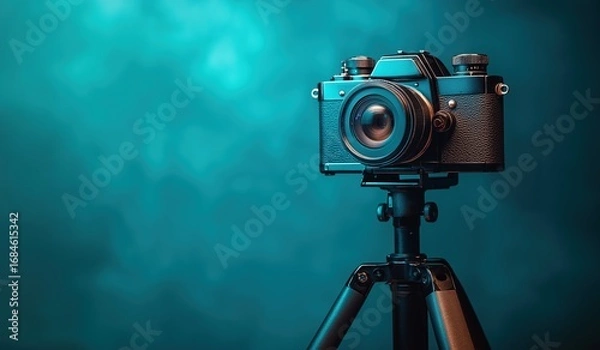 Fototapeta Vintage camera on tripod against dark turquoise background, powerful visual storytelling concept for marketing web banner with left side copy space