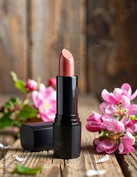 Fototapeta A chic, dark-toned lipstick in a matching black case, presented on a rustic wooden surface with delicate pink blossoms, exuding a springtime elegance.