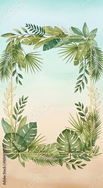 Fototapeta Tropical Foliage Frame with Golden Accents on a Gradient Background