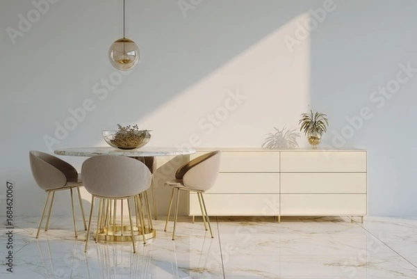 Fototapeta A light-filled dining area with a round marble table and beige chairs.