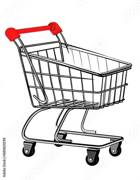 Fototapeta A shopping cart, rendered in black and white, features a red handle and is presented on a plain white background.