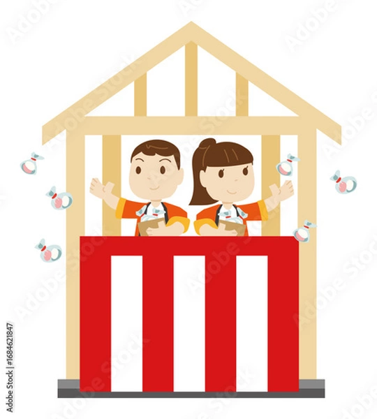 Obraz 上棟式で餅まきをする若い男性と女性のイラスト