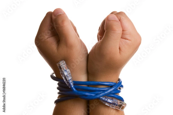 Fototapeta Hands tied with network cable.