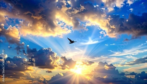 Fototapeta A breathtaking sunset sky, filled with fluffy clouds and a solitary bird soaring through the golden light.