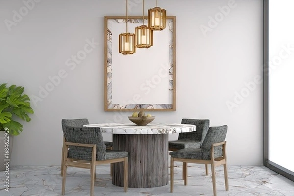 Fototapeta Modern dining area with a round marble table and gray chairs.