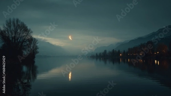 Obraz Crescent Moon Over Tranquil Lake at Dusk with Reflections and Misty Mountains