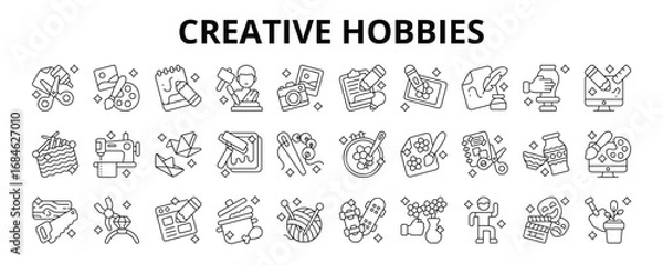 Fototapeta 30 Creative Hobbies Line Icons Vector - Sketching, Sculpting, Photography, Calligraphy, Knitting, Origami, Sewing, Digital Art