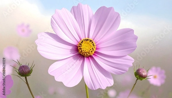 Fototapeta A delicate, light purple cosmos flower stands out against a soft, blurred background of other flowers, showcasing its intricate petals and vibrant yellow center.