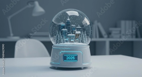 Fototapeta Futuristic Snow Globe with Cityscape and 2026 Display, Cool Tones