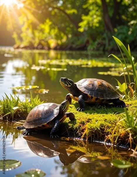 Fototapeta Two turtles rest on a mossy bank by a tranquil pond, bathed in warm sunlight.