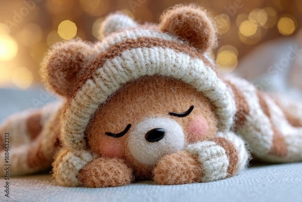 Fototapeta Cozy baby bear sleeping peacefully under a warm blanket on a serene evening with soft light creating a tranquil atmosphere