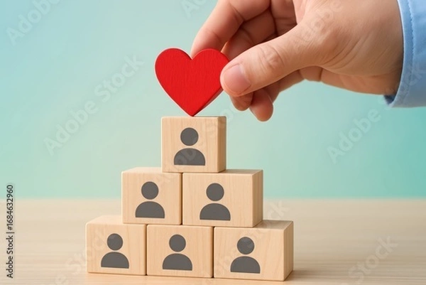 Fototapeta Hand places red heart atop building blocks displaying people icons, symbolizing customer loyalty, satisfaction, and positive relationships within a strong, pyramid-shaped organization.