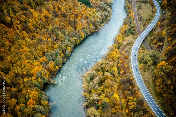 Obraz Aerial View of River and Curved Road in Autumn