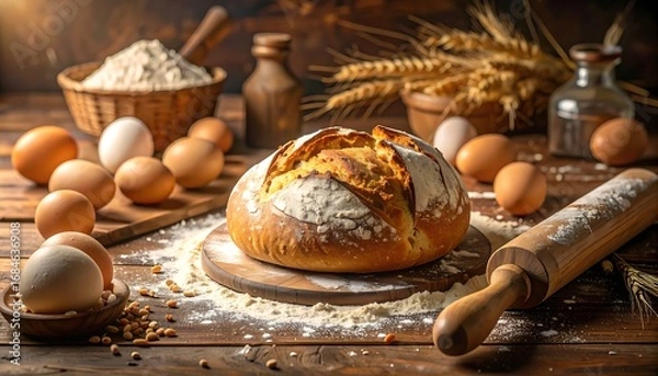 Fototapeta A rustic loaf of artisan bread, surrounded by fresh eggs, flour, and wheat, sits on a wooden table, creating a warm and inviting food still life.