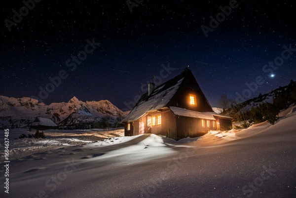 Obraz Snowy Mountain Cabin at Night