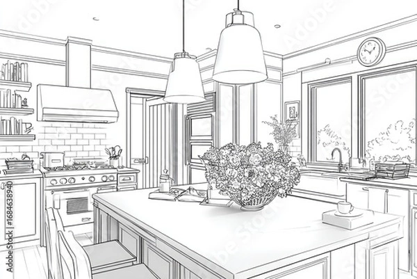 Fototapeta Kitchen design sketch with island and windows.