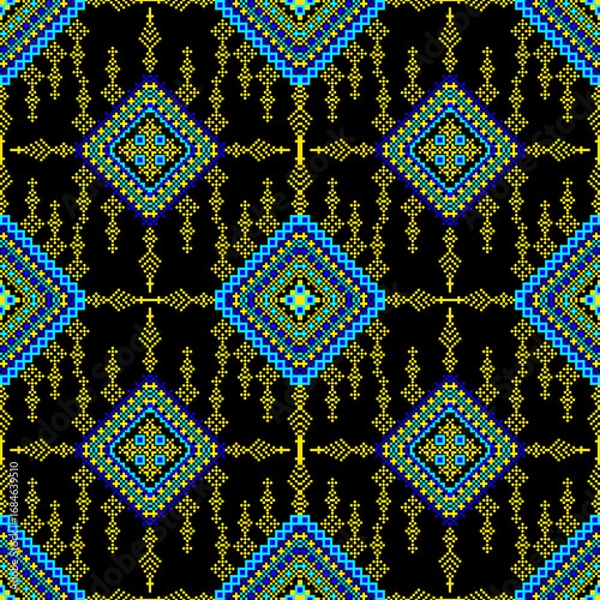 Fototapeta seamless geometric pattern
The symmetrical layout and handcrafted pixel texture evoke ethnic textile aesthetics, making it ideal for use in fabric prints, wallpapers, packaging, and cultural-themed 