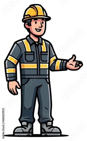 Obraz Construction worker in uniform offering assistance, ready for work.